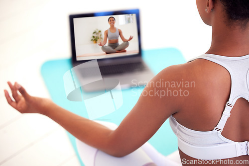 Image of Streaming on laptop for yoga, meditation and zen tutorial, class and webinar in home lockdown or quarantine. Relaxed, healthy or calm woman meditating for balance, holistic breathing or mental health