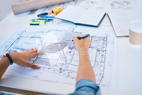 Image of Architect sketching, planning or drawing an architectural design plan or blueprint diagram with draw tools, equipment and stationery. POV hands of man busy working on new designing project structure