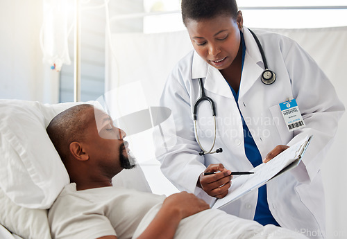 Image of Hospital, consulting doctor and patient in bed for check up. Diagnosis, medicare and medical aid or insurance for prescription. Professional healthcare worker talking about surgery procedure.