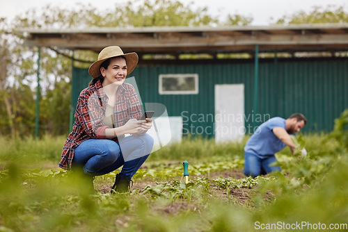 Image of Digital, cloud computing farming and planning on a phone of growth, sustainability of a happy farmer. Online internet data and agriculture big data of farm, clean energy and ecology technology data