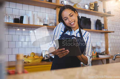 Image of Restaurant worker on tablet, phone call and making food payment, delivery or crm conversation with a customer. Business owner or manager of fast food store, coffee shop or cafe shopping for supplies