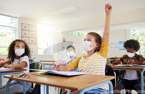 Image of Learning, education and classroom in covid pandemic with students wearing face mask for protection against the spread of the virus or diseases. Clean inside school with dedicated and smart children