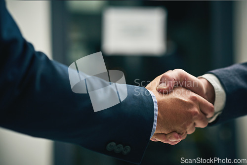 Image of Handshake, deal and successful merger closeup after agreement. Professional people building a career and relationship with trust. Formal business gesture after meeting or welcome greeting.