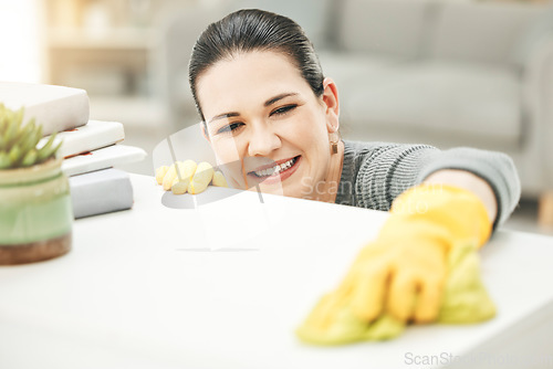 Image of Spring cleaning, chores and sanitize for a clean, hygiene and fresh home while doing housework. Happy woman, cleaner and housekeeper wiping to disinfect a surface during routine household task