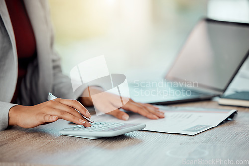Image of Auditor, banker and business accountant womans hand calculating, planning and doing financial paperwork closeup. Young businesswoman managing investment, profile and insurance claims for client.