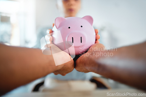 Image of Piggybank, finance and planning savings budget with financial advisor, bank manager and accountant. Closeup of hands holding, taking and protecting future investment after consulting a professional