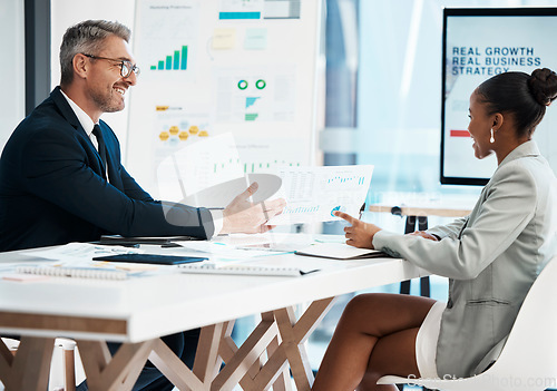 Image of Business analyst, financial advisor and stock trader planning strategy, report and idea with graph, data and information during meeting in office. Stats from marketing, finance and economy research