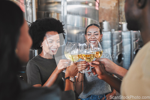 Image of Celebration, wine glasses and friends toasting champagne on luxury getaway, wine tasting cuisine or celebrating success. Business people cheers or drinking vintage in winemaking business or industry