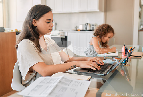 Image of Mom working from home with distance learning child, multitasking childcare and work life balance during quarantine or lockdown. Single parent or mother and girl busy on laptop notebook and education