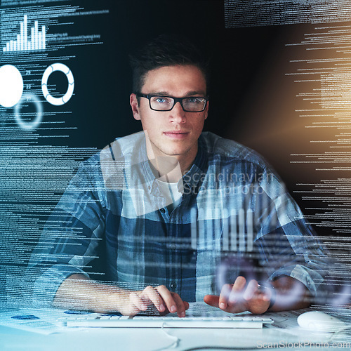 Image of Computer programmer, software developer, or engineer working on computer database with futuristic CGI graphic data. Male information technology coder or a IT programmer coding company cyber security