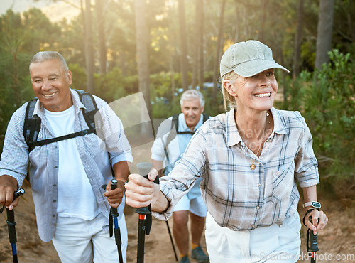 Image of Hiking retired, elderly and senior friends or tourists in forest or mountains for fitness, health and wellness at old age. Diverse group of active mature pensioners outdoors on weekend hike in nature
