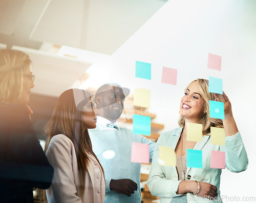 Image of Office business people or management meeting with sticky notes for planning a marketing leadership strategy. Creative manager or leader together with team in collaboration for success of the business