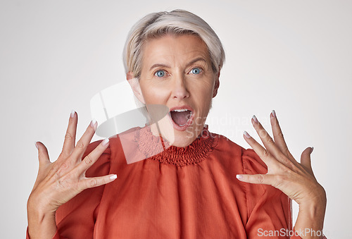 Image of Wow, shock and surprised old woman amazed over success of new beauty, wellness and facial skincare routine portrait. A girl happy with her healthy skin, dermatology and anti aging cosmetic products