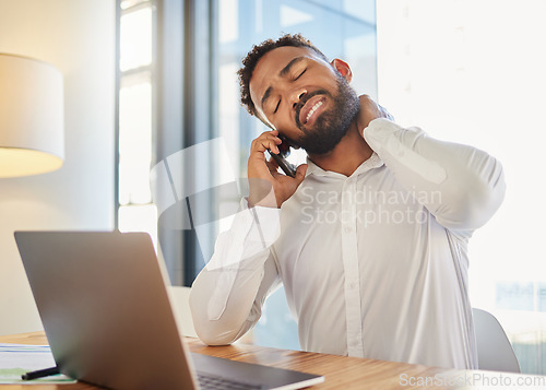 Image of Neck pain, muscle and work stress of a corporate man on a business call at a computer. Tired businessman worker with burnout anxiety working online on a internet finance risk report with a headache