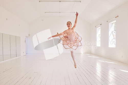 Image of Ballet, passion and art performance with ballerina express freedom with classic, elegant move in a dance studio. Free female practicing a routine, jumping with high energy and perfect posture