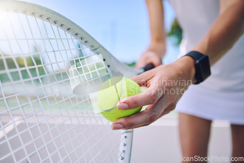 Image of Closeup tennis ball, racket and sport for fit, active and healthy player training and exercising for practice. Professional player getting ready to serve for routine court workout and exercise match