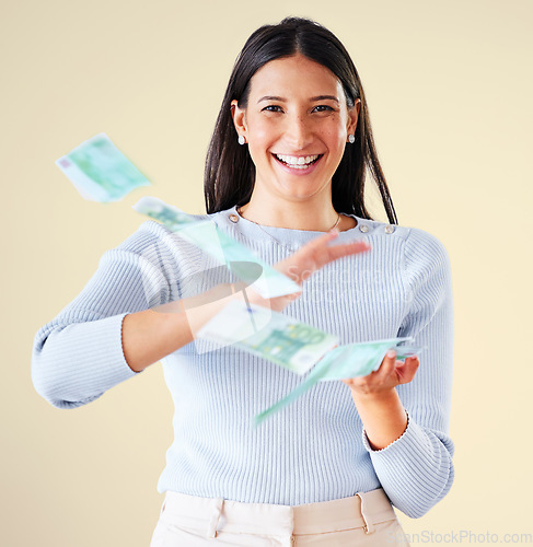 Image of Money, investment growth and finance success of happy, winning and celebrating woman throwing cash, salary or earnings. Portrait of rich girl showing off growing wealth, profit and financial freedom