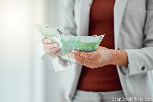 Image of Hands counting money to make payment, budget or savings with cash during inflation. Closeup of lady making a financial stock investment or checking her finance salary increase after a promotion.