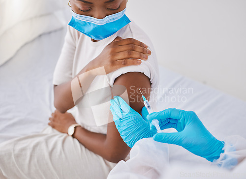 Image of Covid virus vaccination, vaccine or needle on patient arm in a medical hospital or clinic facility. Healthcare worker injecting jab flu shot of antibodies and antigen for protection against diseases