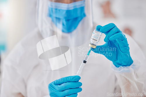 Image of Covid vaccine, injection and medicine cure with needle, vial and syringe from a doctor in a hospital. Closeup of healthcare worker giving flu jab, antiviral shot and medical treatment for immunity