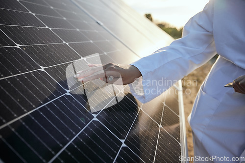 Image of Sun solar panel, solar energy and electricity is future innovation in technology, renewable energy, and environment sustainability. Research development on eco friendly and futuristic energy or power