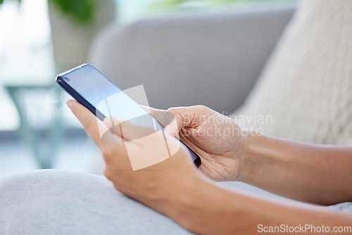 Image of Social media, online shopping and surfing the internet, woman on a phone on a sofa. Communication, conversation or payment online on a sofa. Relax and chat or working in ecommerce with web technology