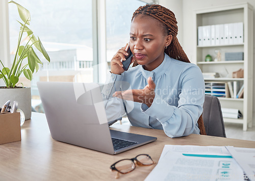 Image of Angry, phone and stressed black woman on a business call about tax, audit and compliance email on laptop at office desk. Employee working mad, internet and tech glitch on the website of the company