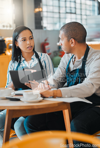 Image of Startup, finance and coffee, cafe or small business owners at table with paperwork. Couple working on financial report and budget for restaurant. Accounting, fintech and monthly business loan payment