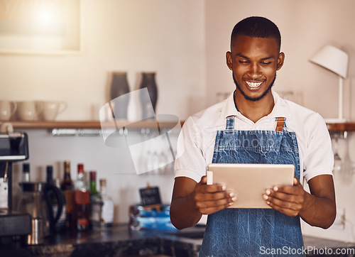 Image of Management, planning and stock with happy restaurant manager checking inventory on digital tablet. Proud employee feeling successful while doing online task, reading, using app to target budget cuts