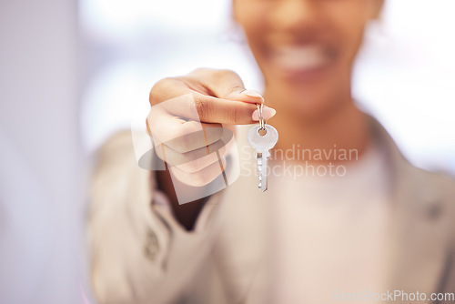 Image of Real estate, realtor and house key in hand for homeowner as mortgage investment, finance loan and future home security. Closeup of broker woman, insurance worker and estate manager in new property