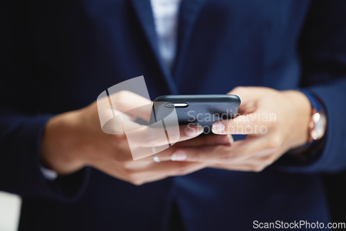 Image of Corporate business woman hands with phone typing and reading online news on executive company experts and top search apps. Female professional reading email or working on digital mobile smartphone