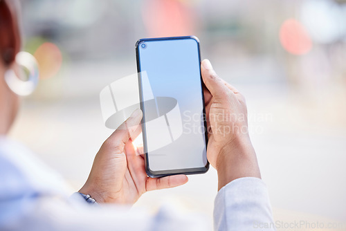 Image of Phone, mock up screen and blank website for communication, advertising and social media marketing with woman browsing, texting or using mobile app. Closeup hands of woman showing contact us webpage