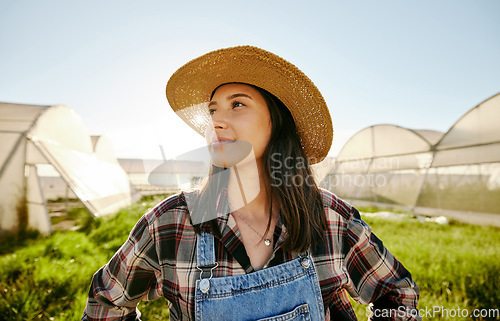 Image of Greenhouse, plantation and woman farmer thinking in garden field. Farming with carbon capture positive environmental business. Eco friendly company and agriculture for production sustainability.