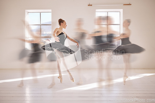 Image of Ballet, dance student and movement of dancing woman in practice, training and performance in studio with CGI special effects. Ballerina art dancer moving with grace and passion across the floor
