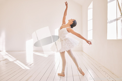 Image of Ballet dance, student and training on studio floor, gym or theater for competition, exercise or recital. Ballerina dancer, creative and fitness workout performance or love for art at school academy.