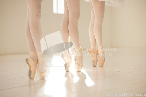 Image of Ballet, dance and toe shoes with a dancer, ballerina and performance artist in a studio for training, practice and rehearsal. En pointe, technique and skill with artistic dancing and movement