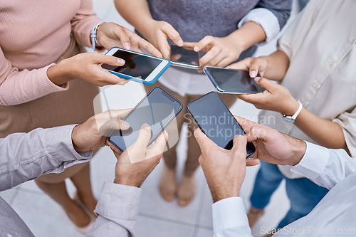 Image of Global, networking and advertising 5g technology by group sharing phone contact, online communication. Digital team collaboration on internet marketing, planning and brainstorming community teamwork