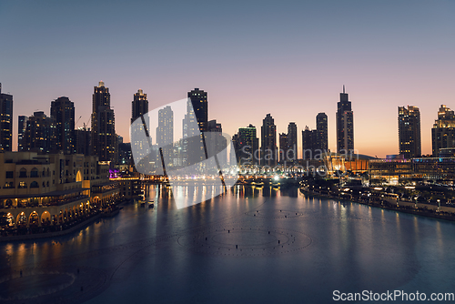 Image of Unique view of Dubai Dancing Fountain show at night.