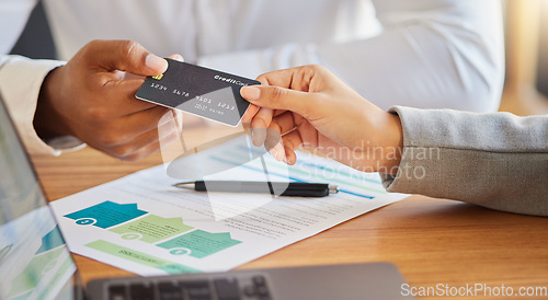 Image of Investment manager with credit card and document for finance with client investing and trading on stock market in office. Professional finance advisor consulting profit amount in bank with a customer