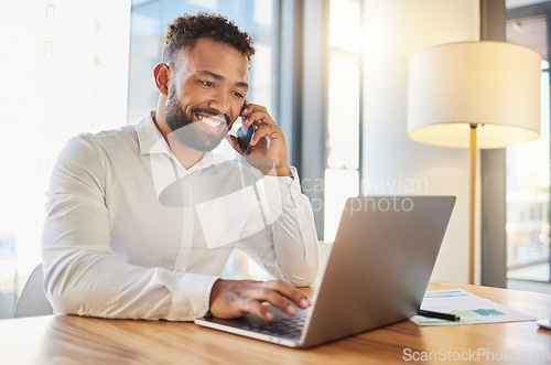 Image of Management, planning and networking phone call by happy business man. Talking to client while working on a laptop in corporate office. Professional worker checking an online calendar for appointment