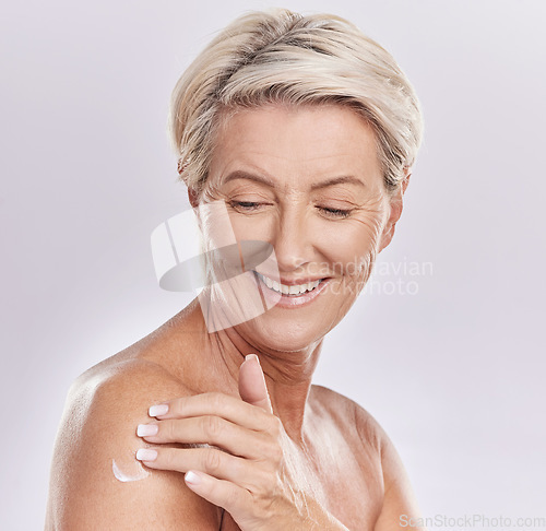 Image of Skincare cream, naked and senior woman mockup studio background. Self care, anti ageing and beauty wellness for healthy body. Mature lady happy with glowing skin pamper application routine.