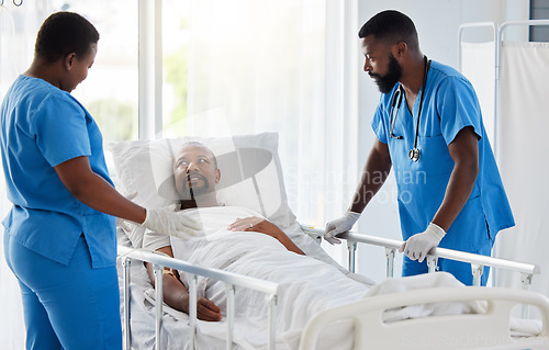 Image of Doctor, nurse and healthcare team consulting man patient before a health check or surgery. Hospital or medical clinic help consulting about medicare insurance, cardiology advice and medicine pills