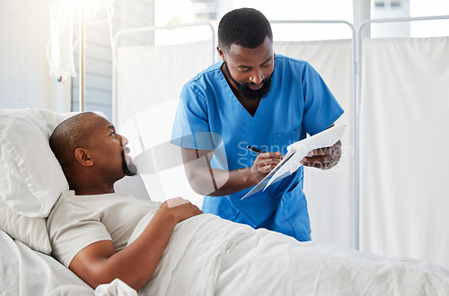 Image of Healthcare, insurance and hospital planning by doctor and patient doing paperwork before surgery or during checkup. Help from a professional consulting with a sick man about a drug trial for cancer