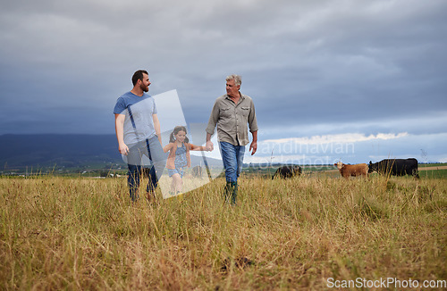 Image of Farmer family walking on a cattle or livestock farm teaching and learning together. Generations of a happy father, grandfather and grandchild bonding on sustainability agriculture land