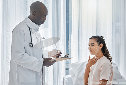 Image of Doctor, healthcare worker and medical professional consulting with sick patient at hospital, talking to person about thyroid diagnosis and giving advice at clinic. Woman getting medicine for flu
