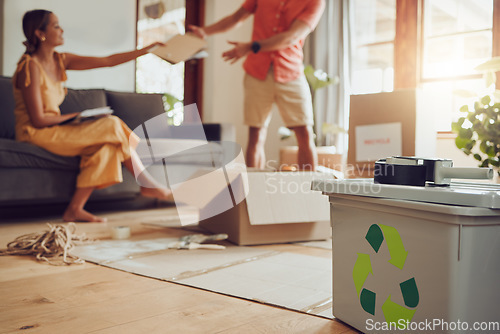 Image of Earth, sustainability and recycling, eco friendly couple in home waste management. Man and woman sort paper and plastic to recycle. Conservation, nature, and environment, saving the planet for future