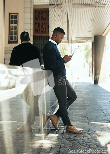 Image of Networking, phone call and businessman in city reading email, schedule agenda or social media. Manager employee working, thinking or texting online while standing outside the office building