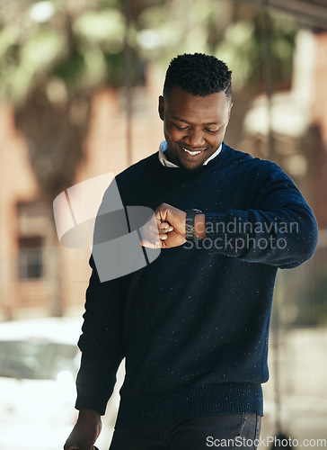 Image of Business man, park and watch timer for return commute to office. Happy corporate employee checking time outside in the city. Smiling working person outdoors with isolated background in town
