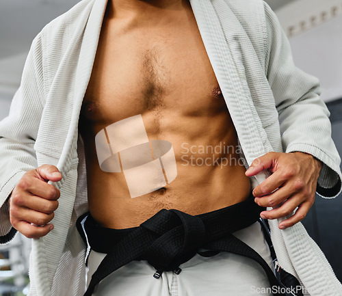 Image of Sexy body of karate man, martial arts coach and strong personal trainer training for fitness in sports gym and health studio. Taekwondo warrior, bodybuilder and athlete for challenge, power and fight