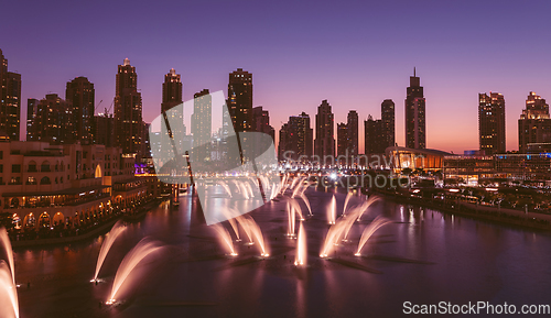 Image of Unique view of Dubai Dancing Fountain show at night.